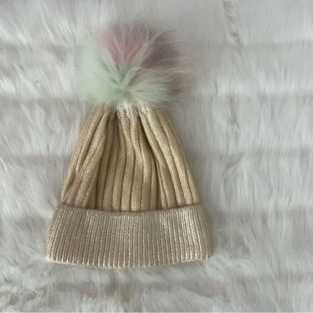 Bari Lynn Metallic Gold with Fur Pompom Beanie